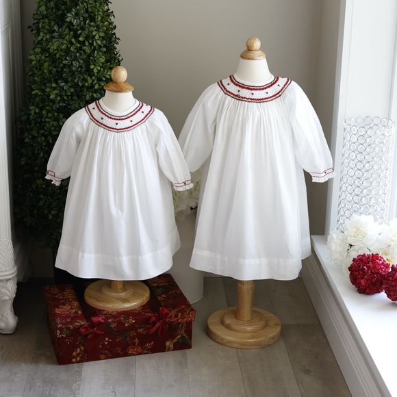 Strasburg Dress Smocked Long Sleeve Bishop White Red Holly Embroidery NWOT - Picture 6 of 6